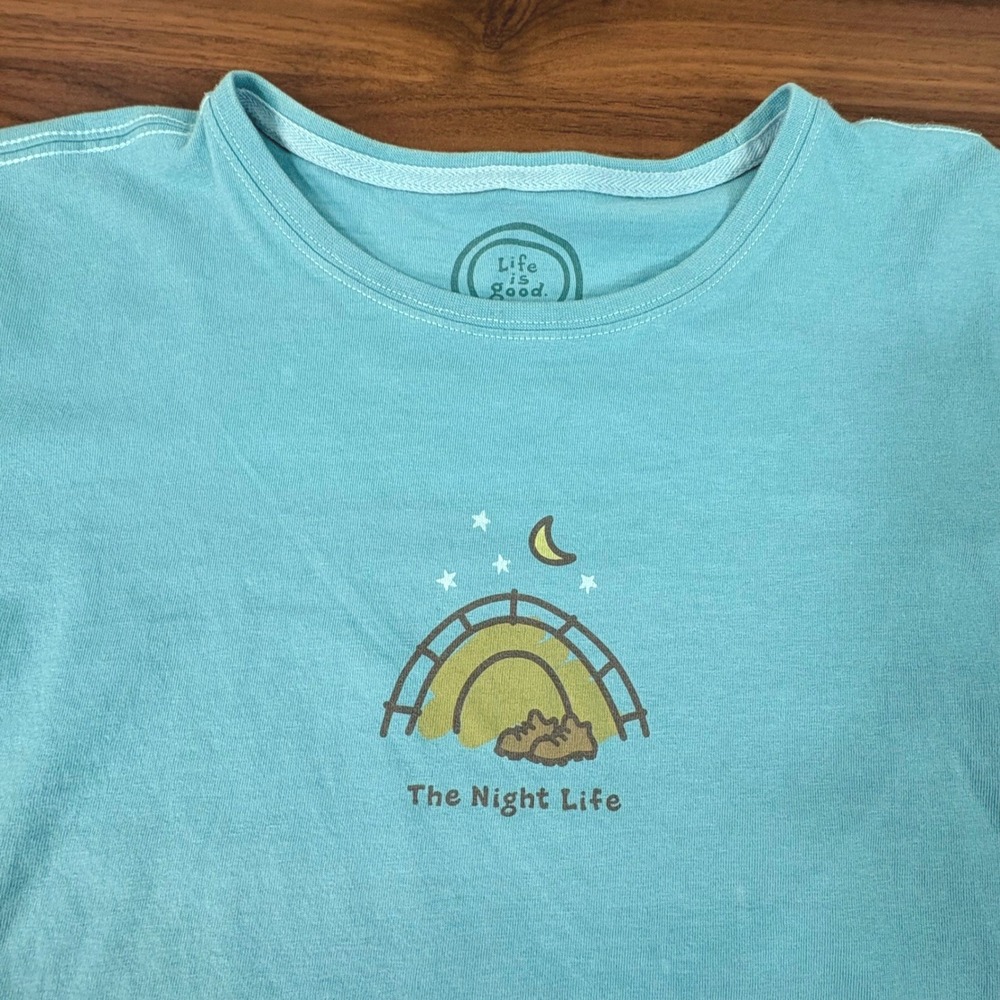 Life Is Good Women’s Short Sleeve Tee in Light Teal with Night Life Graphic